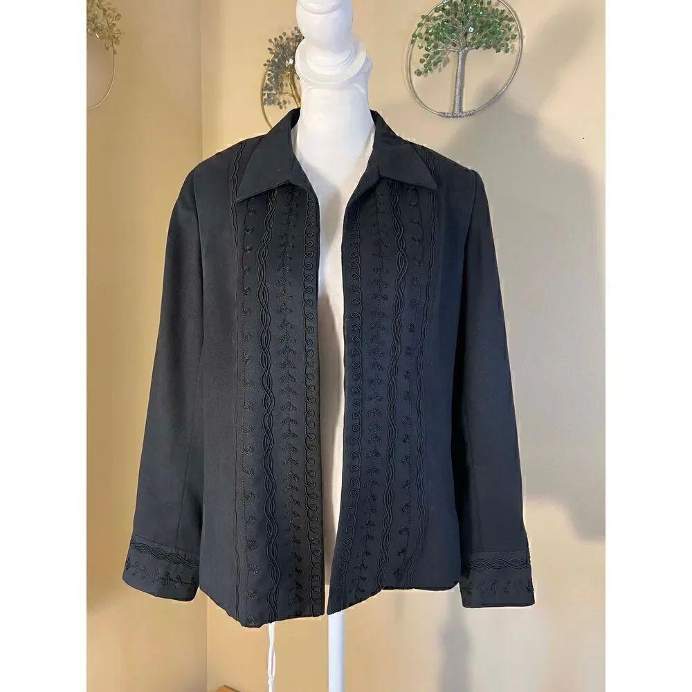Vintage Blue Ice Black Faux Micro Suede Embroidered Open Front Blazer Size 8